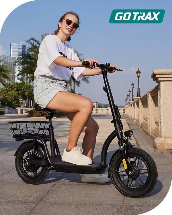 Gotrax Electric Scooter with Seat for Adult, Max 16~25 Miles Range & 15.5~20 Mph Power by 400W~500W Motor, Comfortable 14" Pneumatic Tire and Wider Deck & Height Adjustable Seat with Carry Basket
