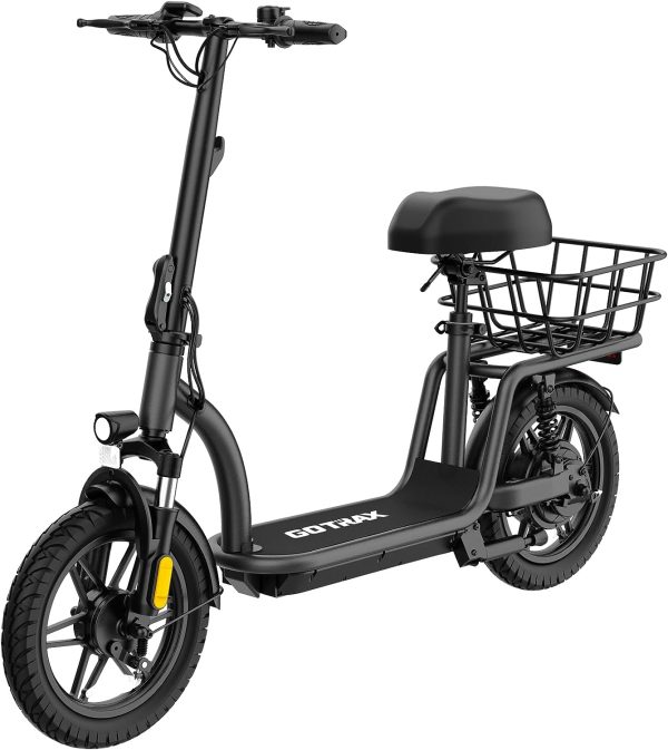 Gotrax Electric Scooter with Seat for Adult, Max 16~25 Miles Range & 15.5~20 Mph Power by 400W~500W Motor, Comfortable 14" Pneumatic Tire and Wider Deck & Height Adjustable Seat with Carry Basket