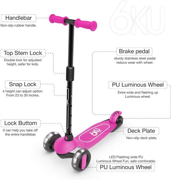 6KU Scooter for Kids Ages 3-5 with Flash Wheels, Kids Scooter 4 Adjustable Height, Toddler Scooter Extra-Wide PU LED Wheels, 3 Wheel Scooter for Kids for Girls & Boys Learn to Steer…