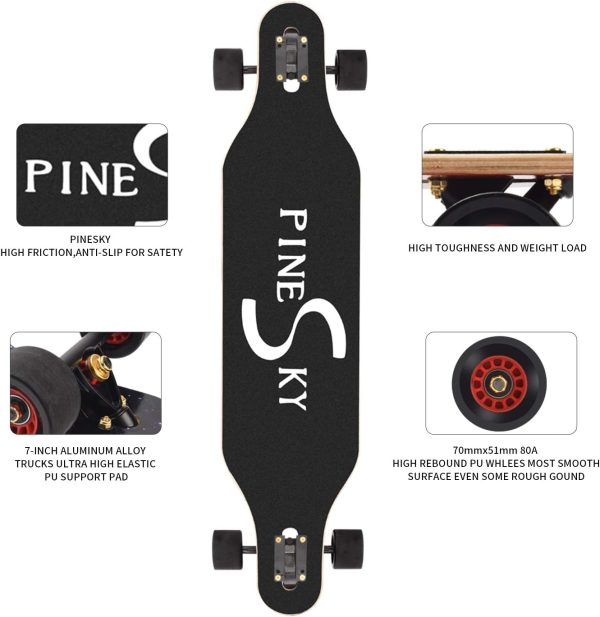 PINESKY 41 Inch Longboard Skateboard 8 Ply Natural Maple Complete Skateboard Cruiser for Cruising, Carving, Free-Style and Downhill with T-Tool