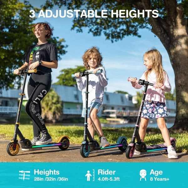 SmooSat Apex Electric Scooter for Kids Ages 8+, Bluetooth Music Speaker, 5/8/10 MPH, 60 min Ride Time, Colorful Lights, Adjustable Height, Foldable E-Scooter for Kids and Teens