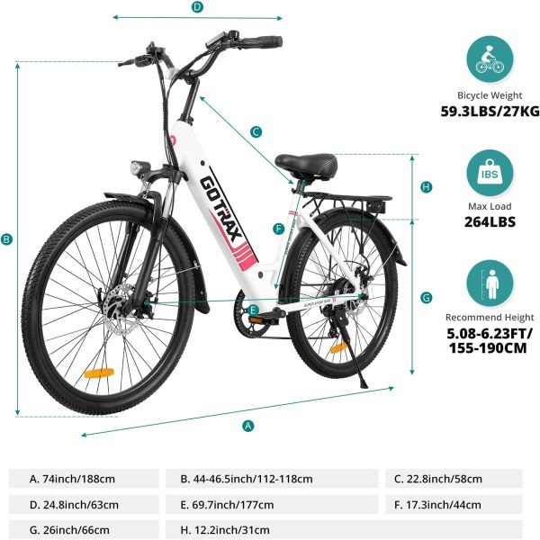 Gotrax Endura 26" Electric Bike with 28 Miles (Pedal-assist1) by 36V Battery, 15.5Mph Power by 250W, 3 Pedal-Assist Levels & Adjustable Seat, 7-Speed & Front Shock Absorber for Adult Bicycle White