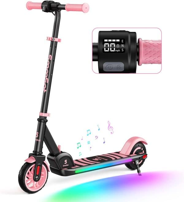 SmooSat Apex Electric Scooter for Kids Ages 8+, Bluetooth Music Speaker, 5/8/10 MPH, 60 min Ride Time, Colorful Lights, Adjustable Height, Foldable E-Scooter for Kids and Teens