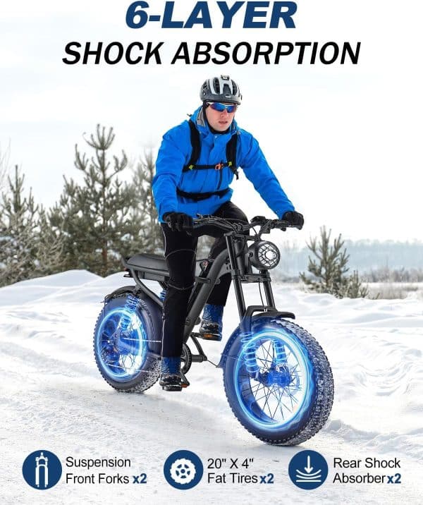 Riding'times 1500W Winter Moped Style Ebike, 20 Inch Fat Tire Electric Bike, Up to 28MPH & 75 Miles, 6-Layer Full Suspension, 15.6AH Removable Battery, Mountain Snow E Bike