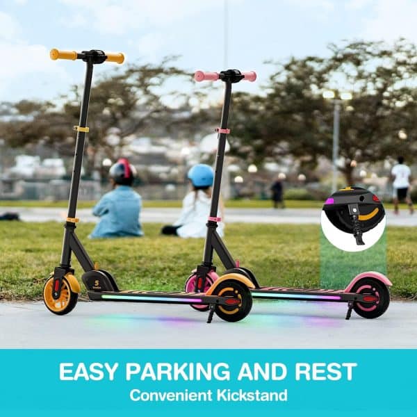 SmooSat Apex Electric Scooter for Kids Ages 8+, Bluetooth Music Speaker, 5/8/10 MPH, 60 min Ride Time, Colorful Lights, Adjustable Height, Foldable E-Scooter for Kids